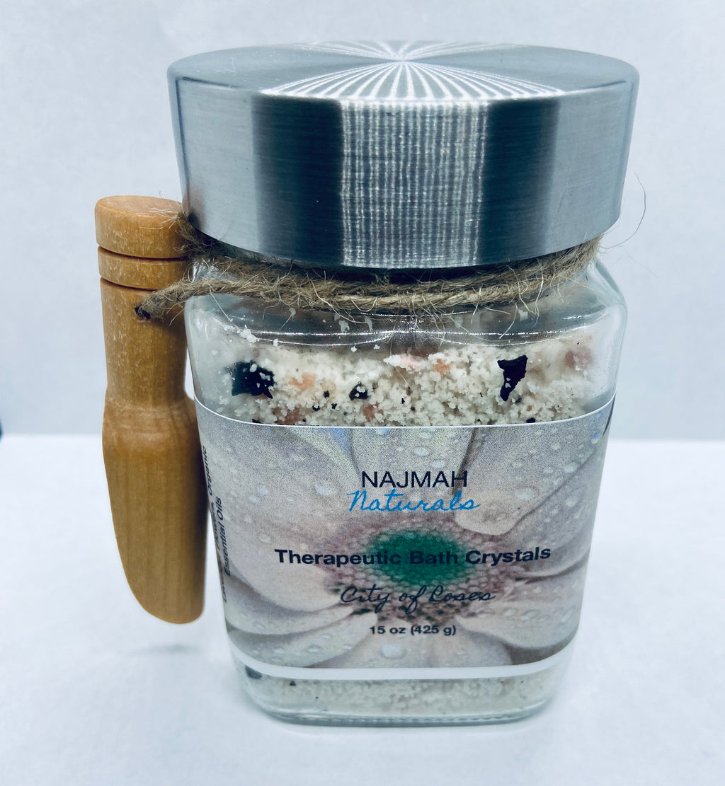 Our City of Roses Therapeutic Bath Crystals are the ultimate relaxation, self care herbal salts with Epson Salt, Himalayan Pink Salt, Sodium Bicarbonate (Aluminum-Free), Almond Oil, Echinacea Purpurea Root, Lavender Flowers and Organic Essential Oils.