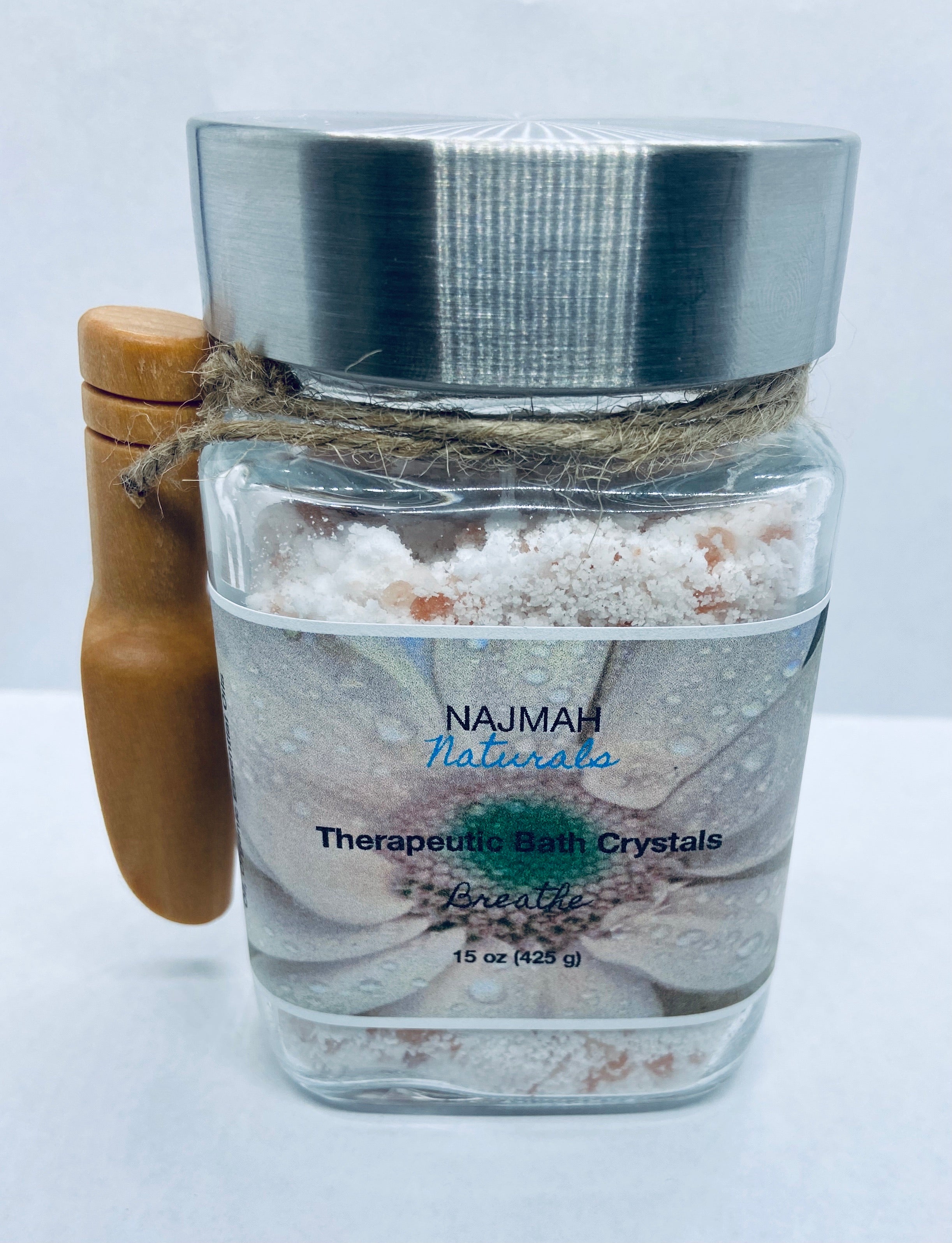 Our Breathe Therapeutic Bath Crystals are the ultimate relaxation, self care herbal salts with Epson Salt, Himalayan Pink Salt, Sodium Bicarbonate (Aluminum-Free), Organic Coconut Oil and Organic Essential Oils. Smells like peppermint and it's a customer favorite!