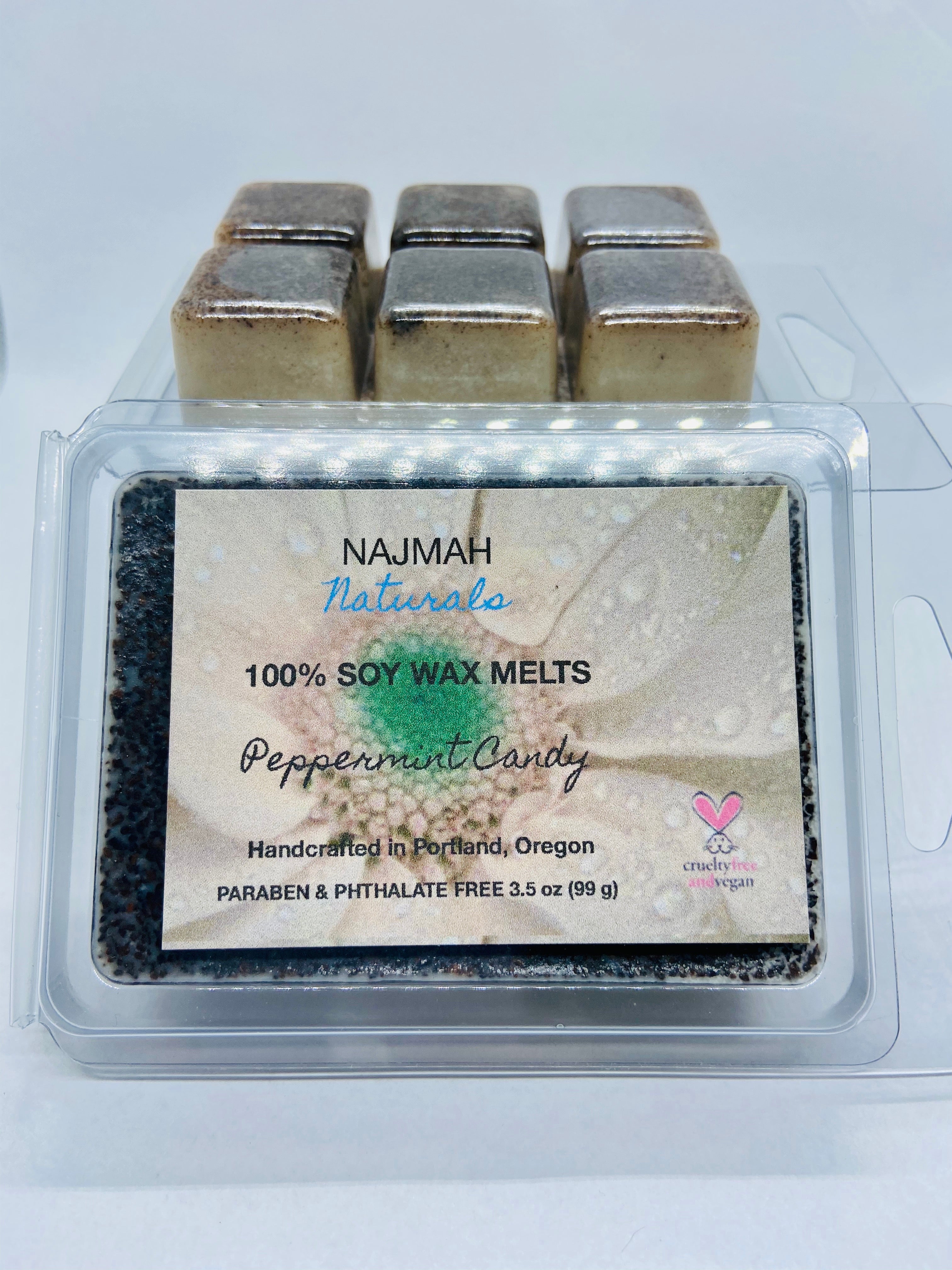 Najmah Naturals Wax Melts are handcrafted from 100% Natural Soy Wax, High Quality Fragrance and Essential Oils. All fragrances and essential oils used are vegan, paraben, formaldehyde and phthalate free. All colors are achieved by using plant-based ingredients. No wick or flame is needed.
